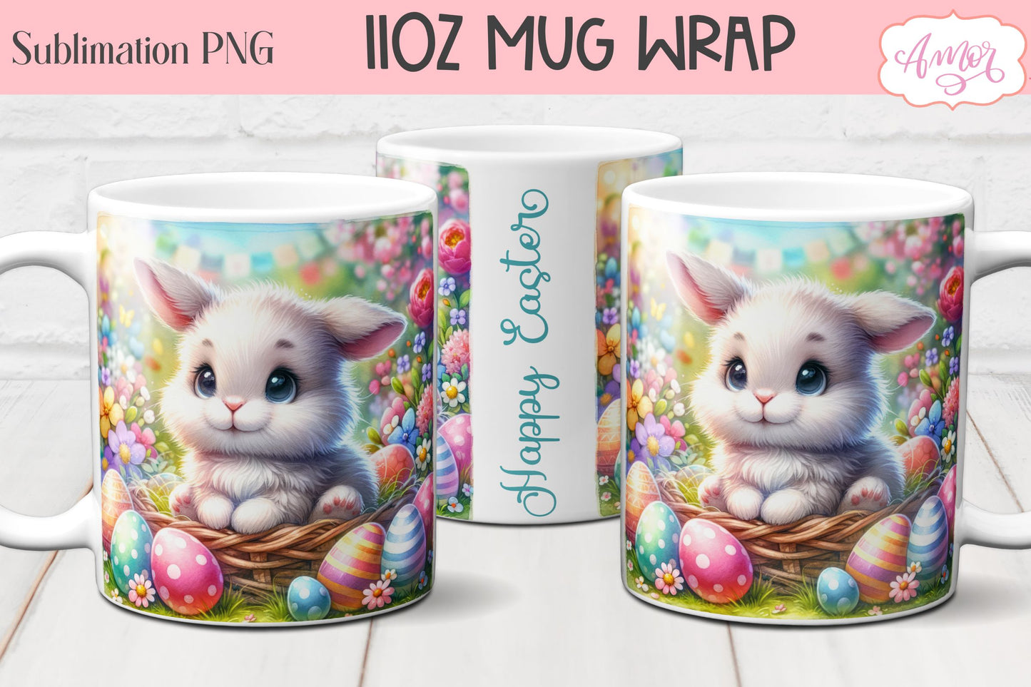 Easter Bunny Mug Wraps for Sublimation Bundle | 11oz mug PNG