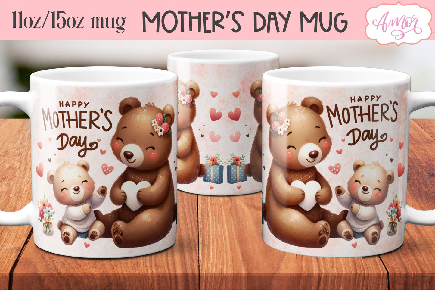 Cute bear mama mug wrap | Mother's day mug PNG BUNDLE