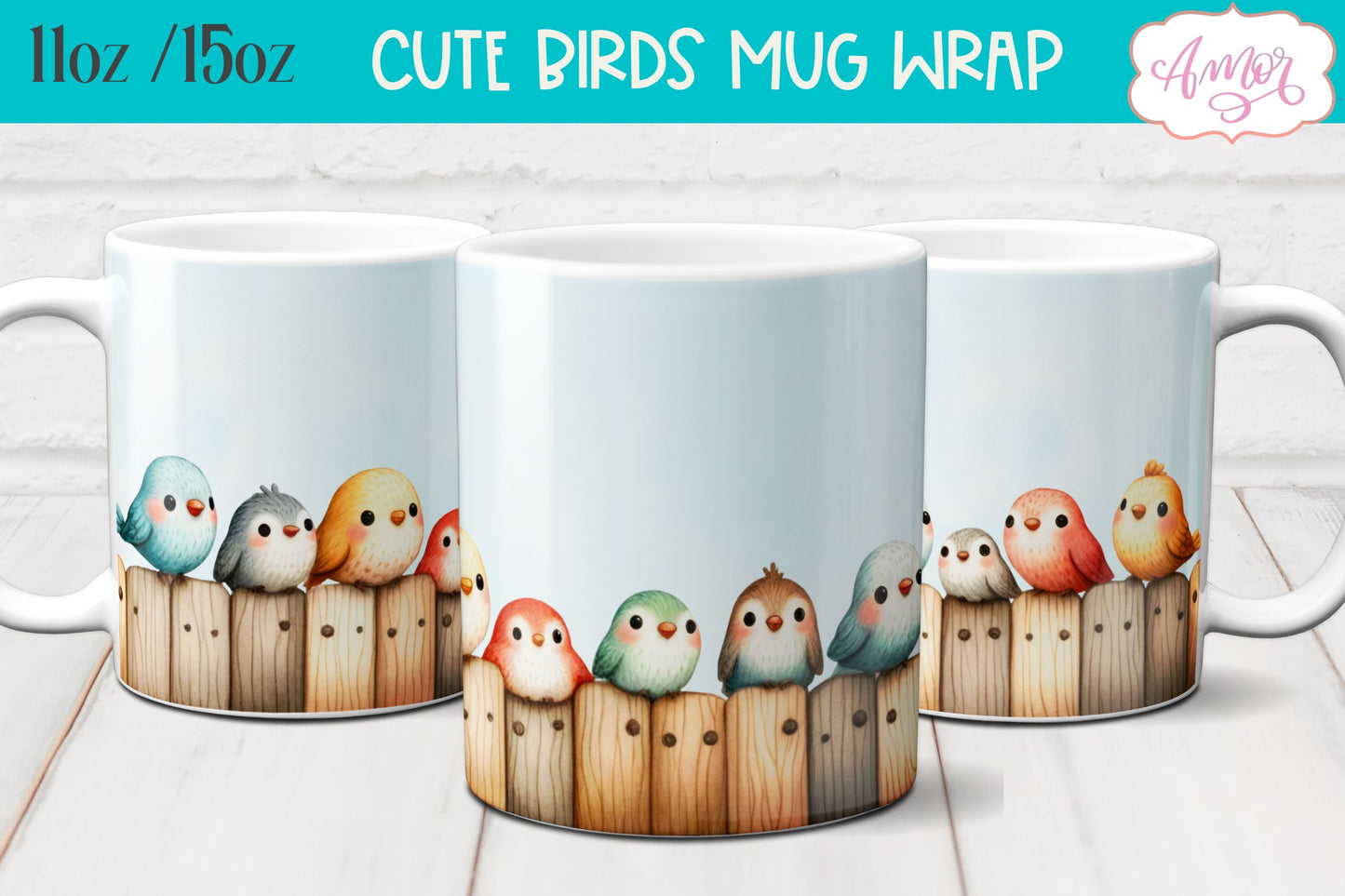 Bundle of 8 Cute watercolor birds mug wraps for sublimation