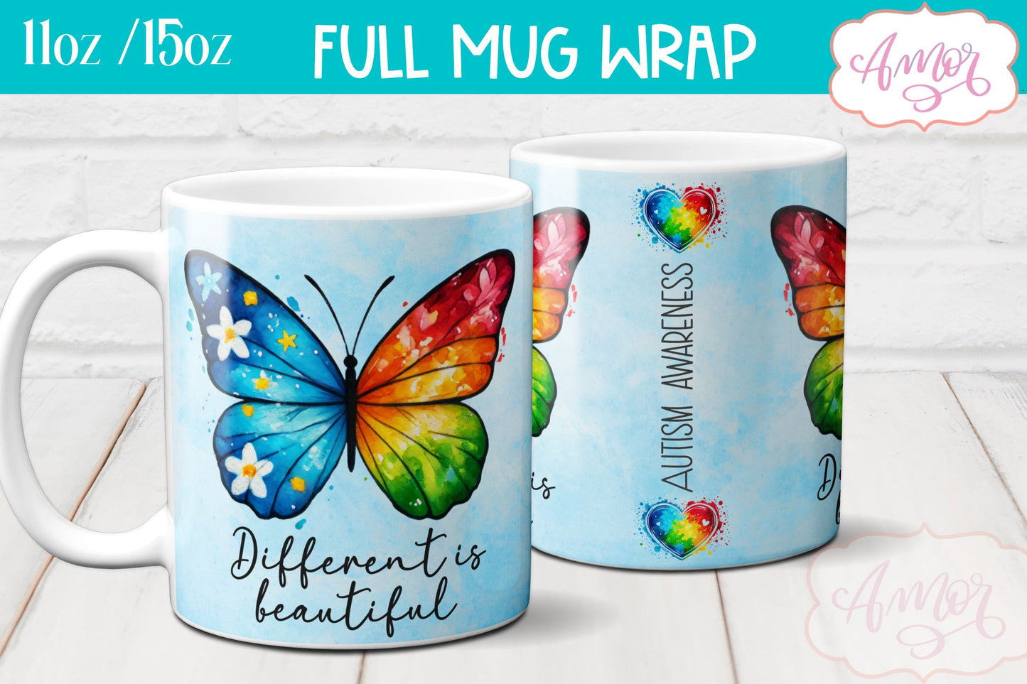 Autism awareness mug wrap | Different is beautiful mug PNG