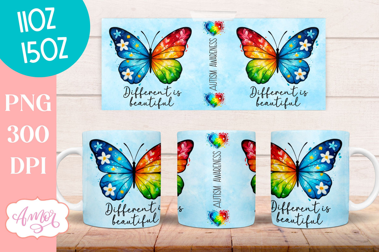 Autism awareness mug wrap | Different is beautiful mug PNG