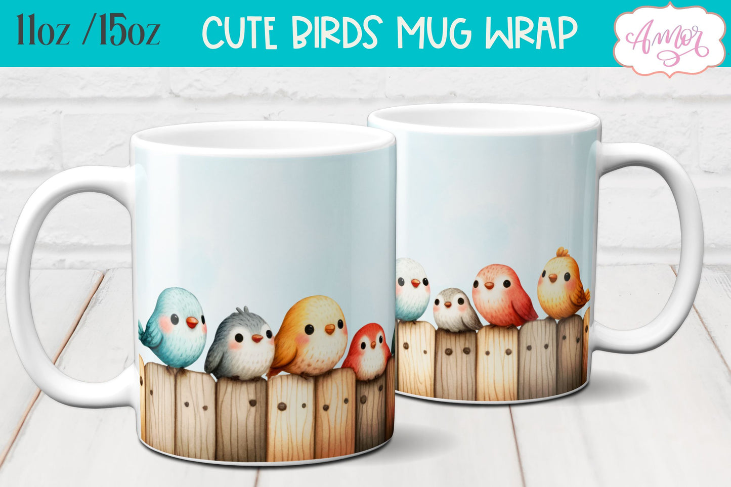 Bundle of 8 Cute watercolor birds mug wraps for sublimation