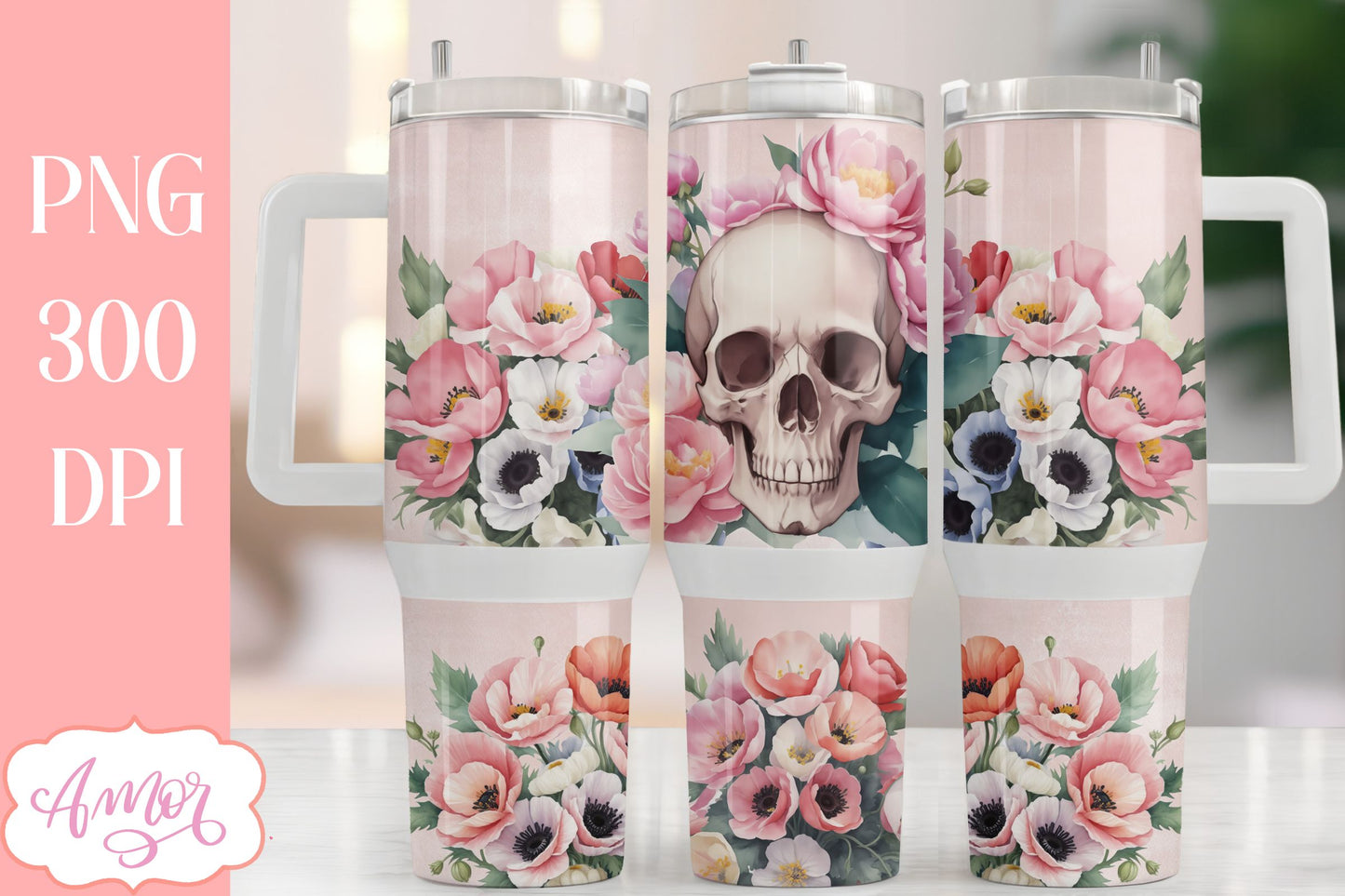 Skull and flowers 40 oz tumbler wrap | Spring PNG sublimation