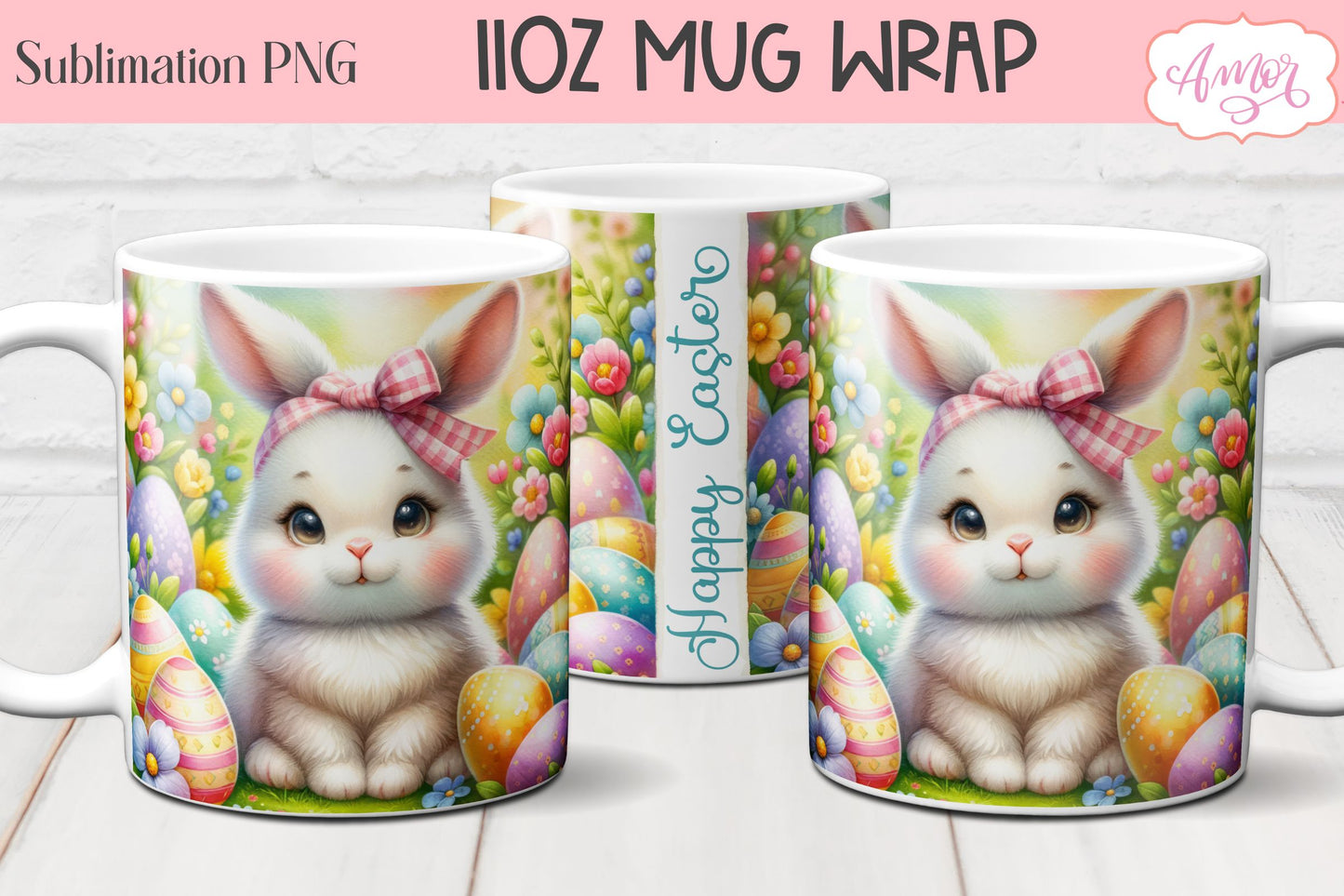 Easter Bunny Mug Wraps for Sublimation Bundle | 11oz mug PNG