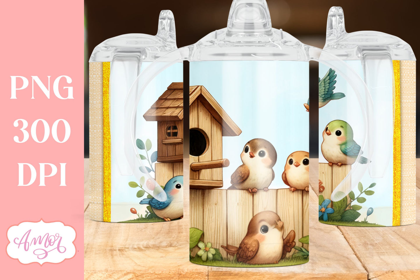 Cute birds sippy cup sublimation PNG | Kids tumbler template