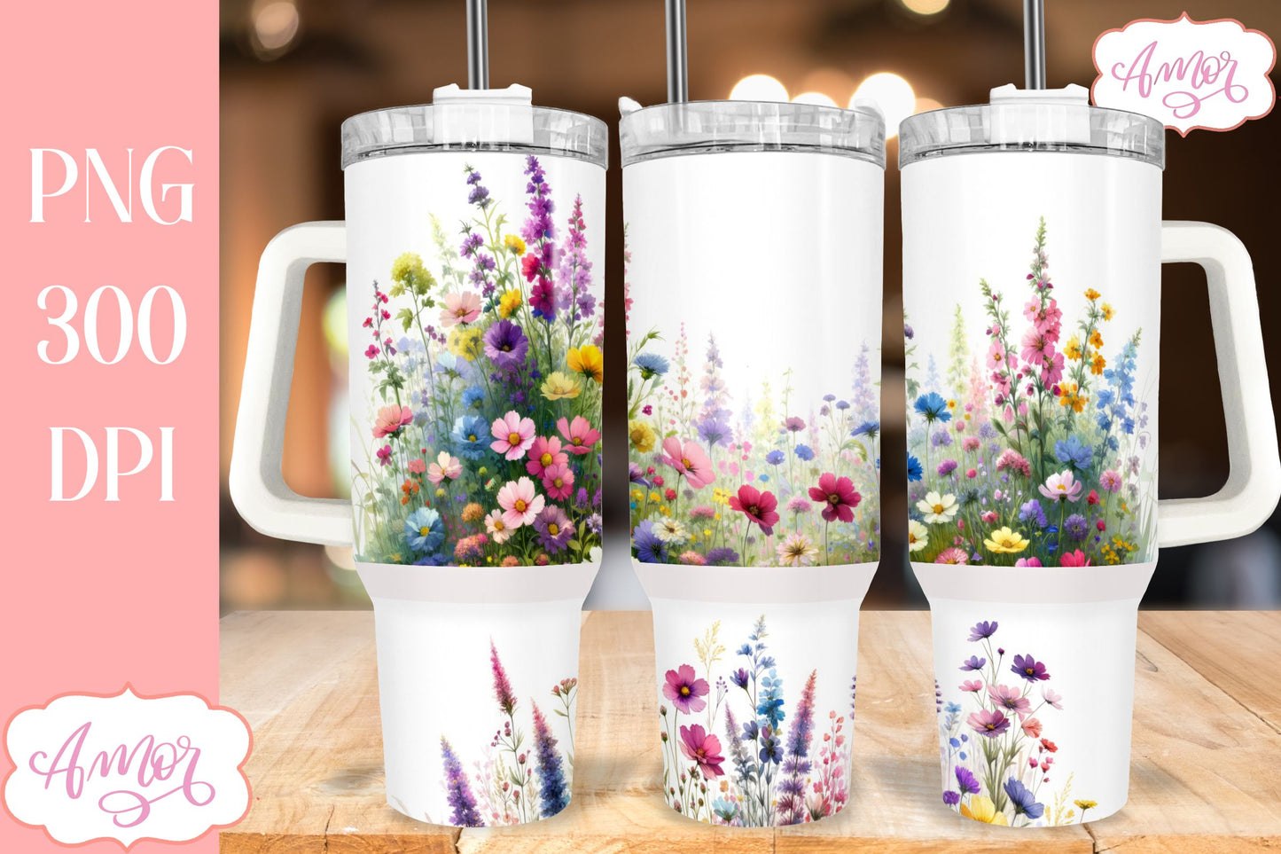 Watercolor wildflowers 40 oz tumbler PNG for sublimation