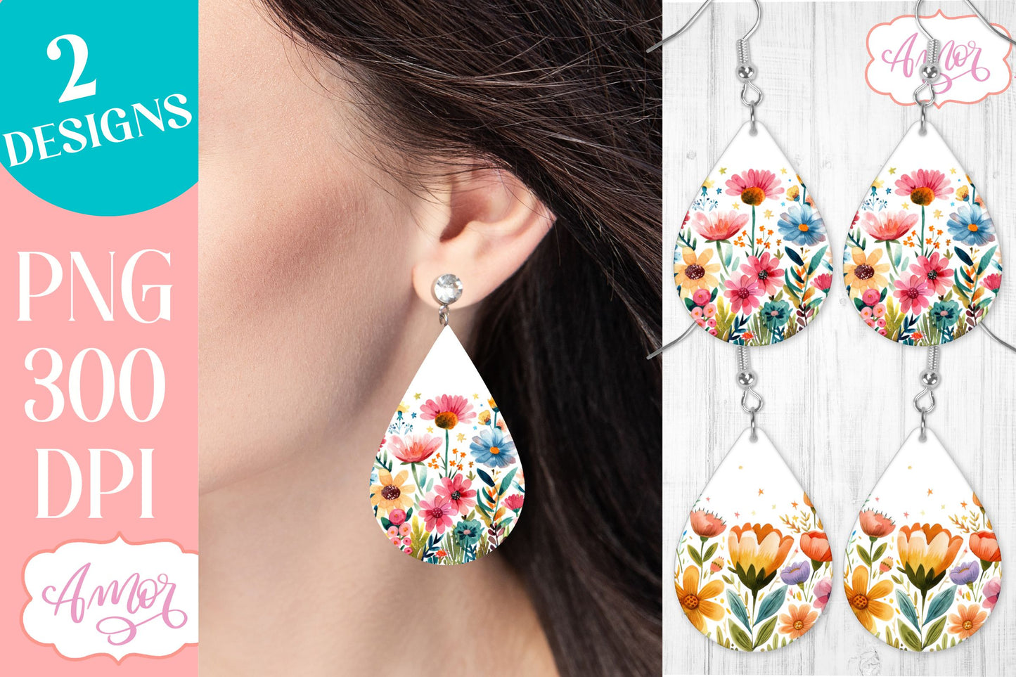 Wildlfower teardrop earrings for sublimation | Spring PNG