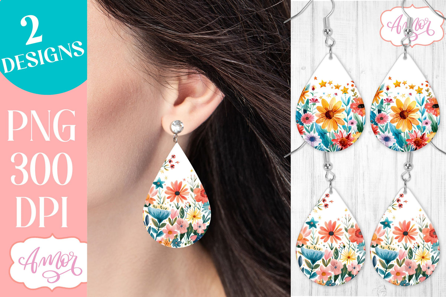 Wildlfower teardrop earrings for sublimation | Spring PNG