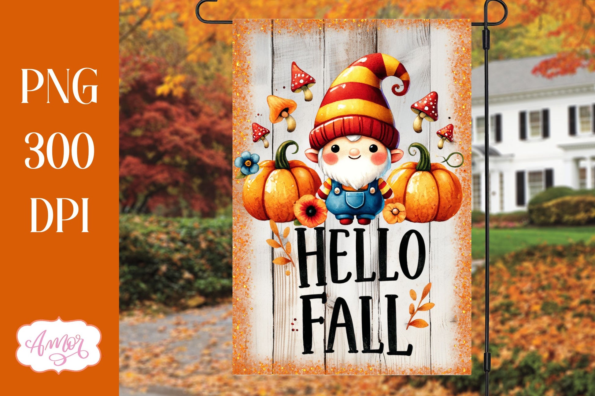 Hello fall garden flag sublimation design | Cute fall gnome