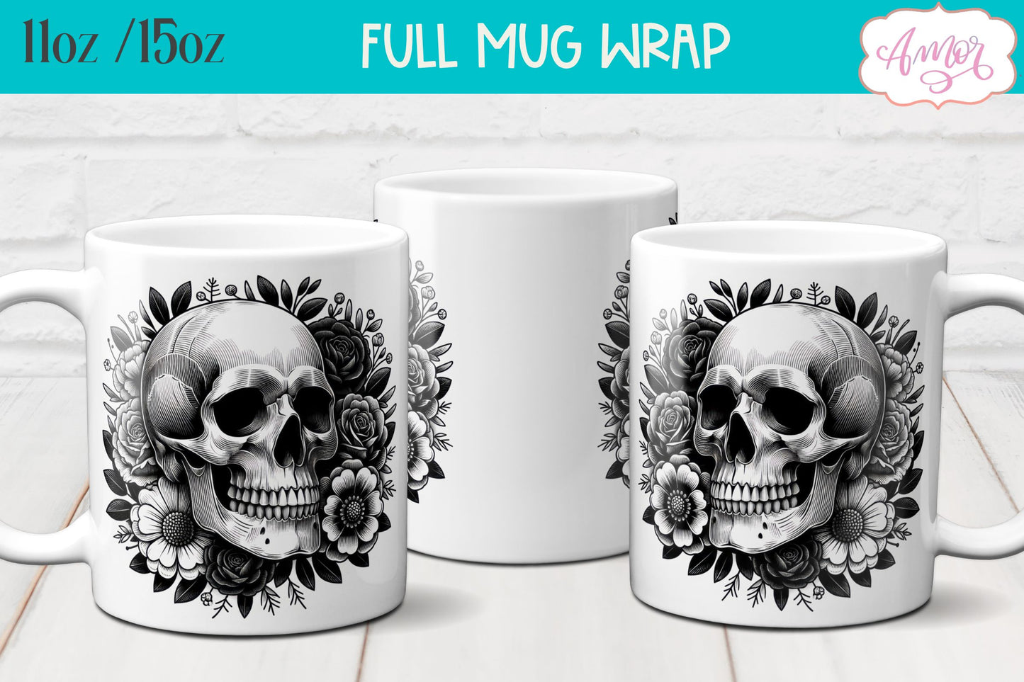 Floral skull mug wrap PNG for sublimation design 11oz 15oz