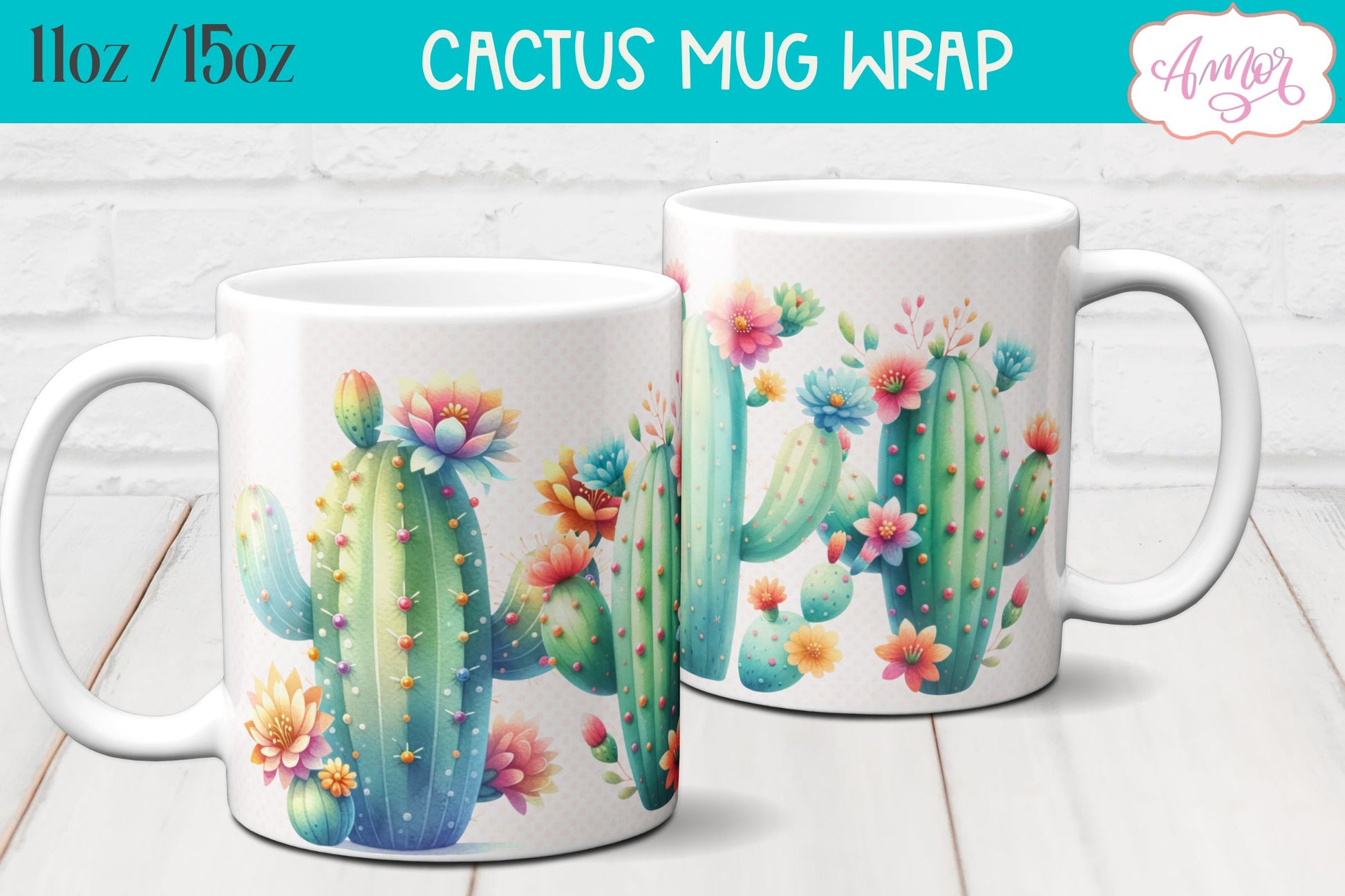 Watercolor Cactus mug wrap PNG for sublimation