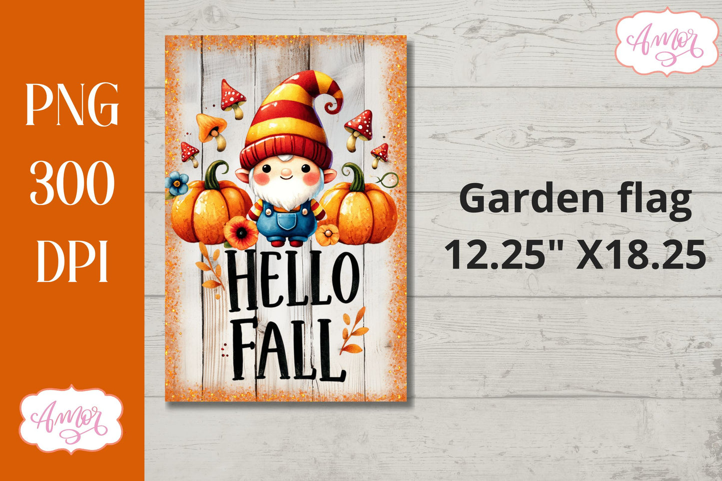 Hello fall garden flag sublimation design | Cute fall gnome