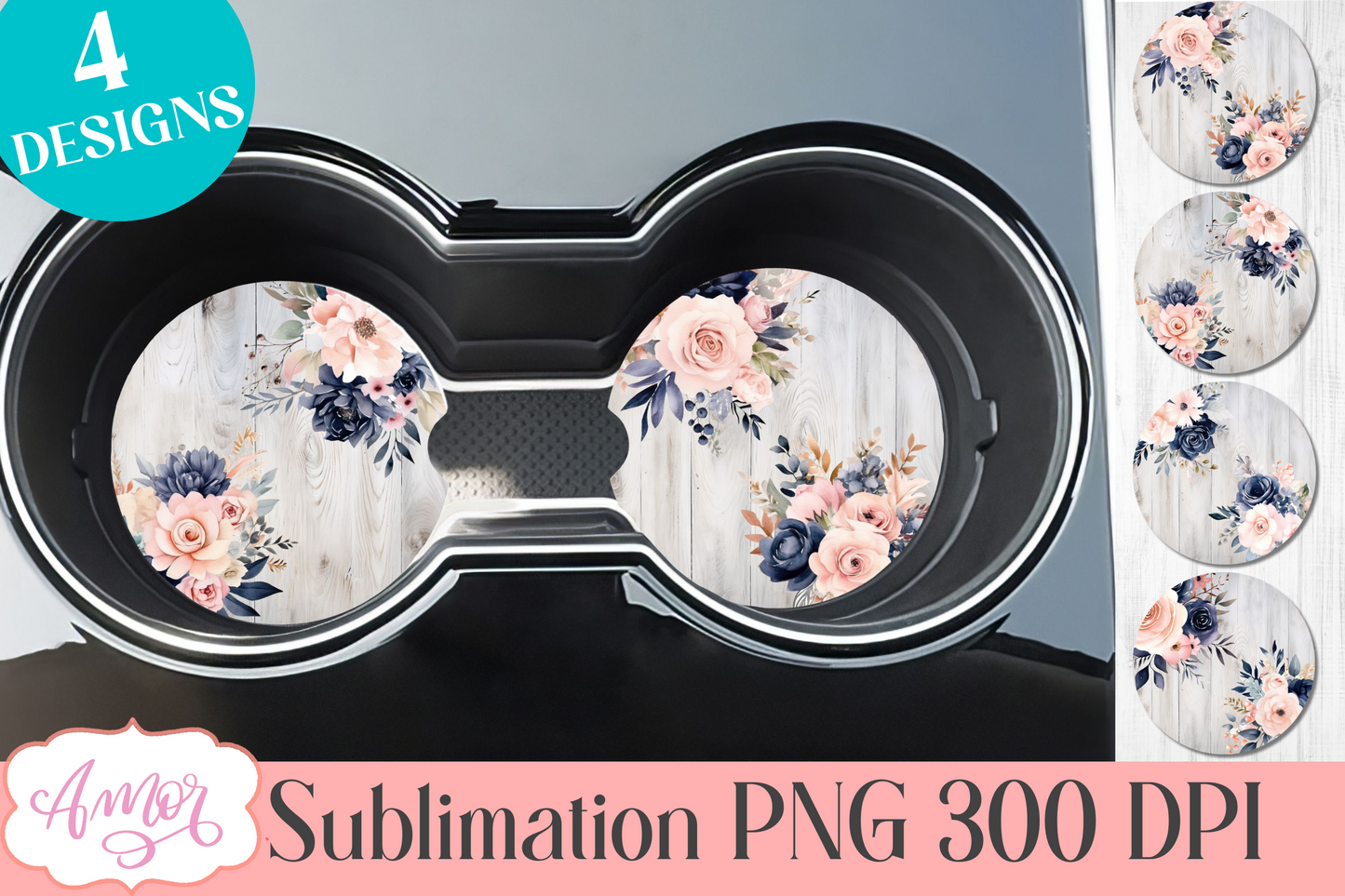 Watercolor navy floral designs for car coaster sublimation