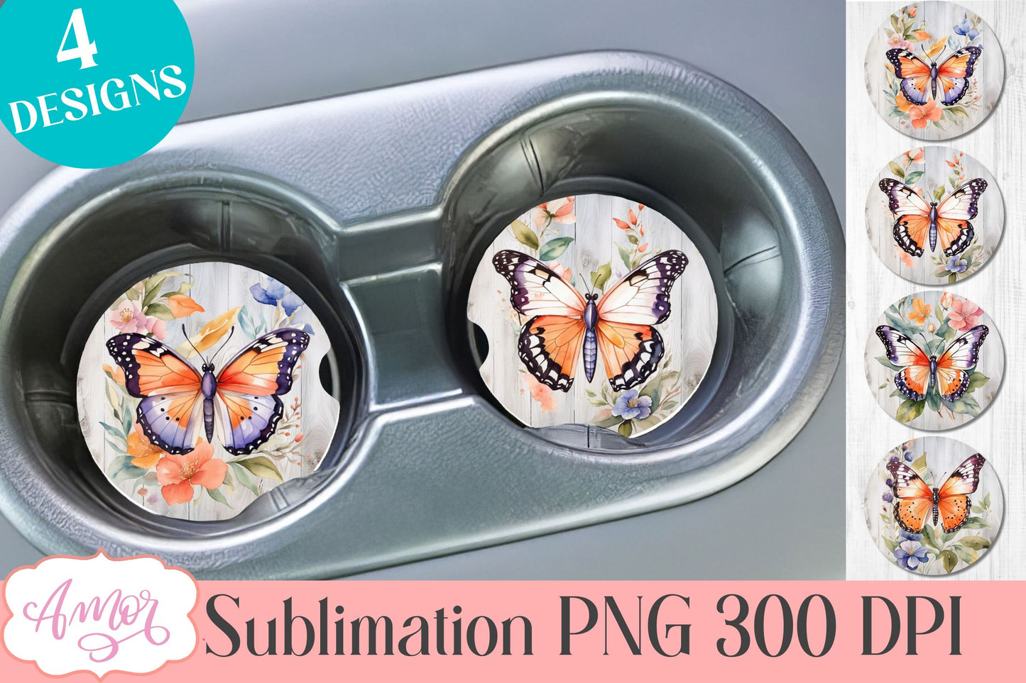 Watercolor butterfly PNG designs for car coaster sublimation