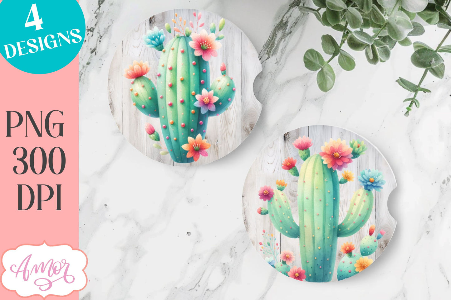 Watercolor cactus designs for car coaster sublimation