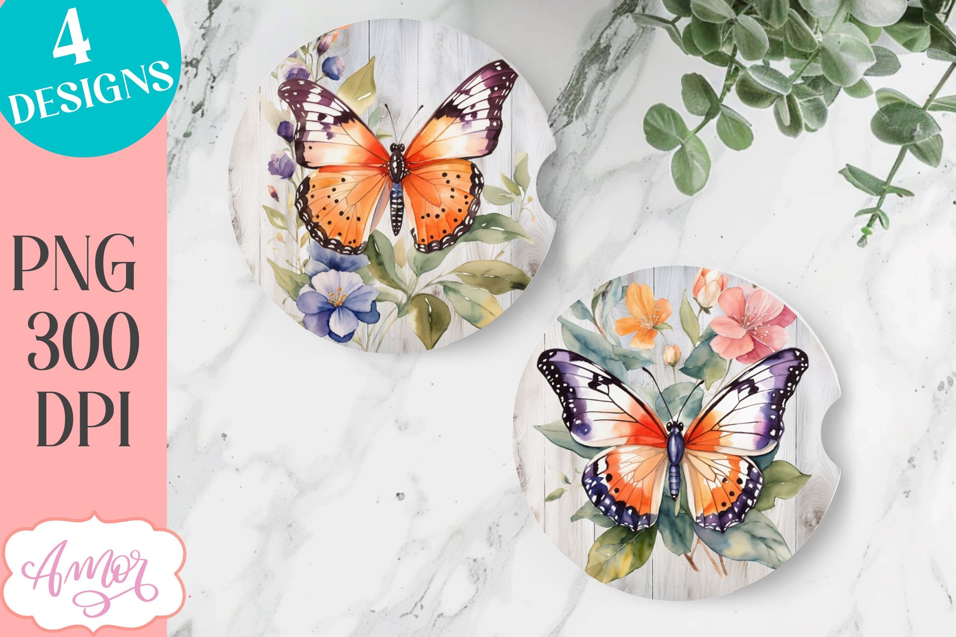 Watercolor butterfly PNG designs for car coaster sublimation