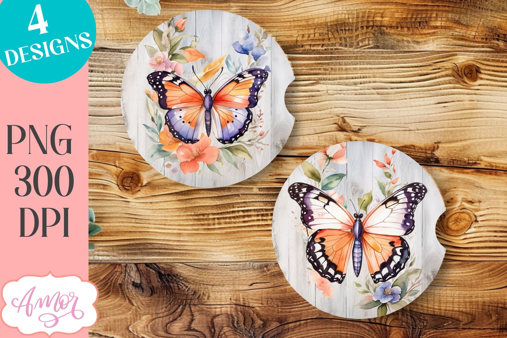 Watercolor butterfly PNG designs for car coaster sublimation