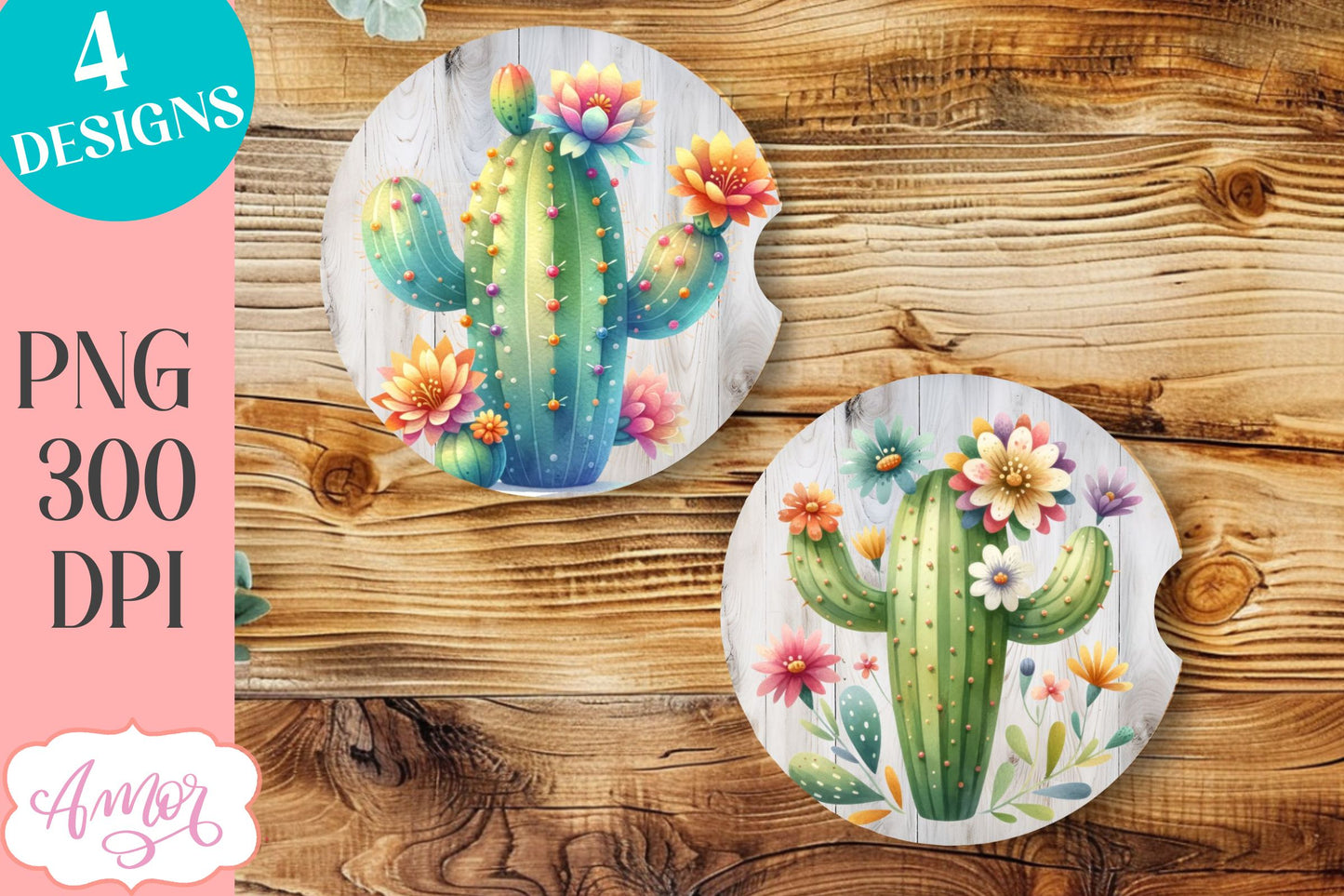 Watercolor cactus designs for car coaster sublimation