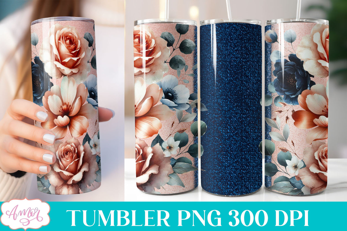 Navy and blush floral tumbler wrap sublimation PNG