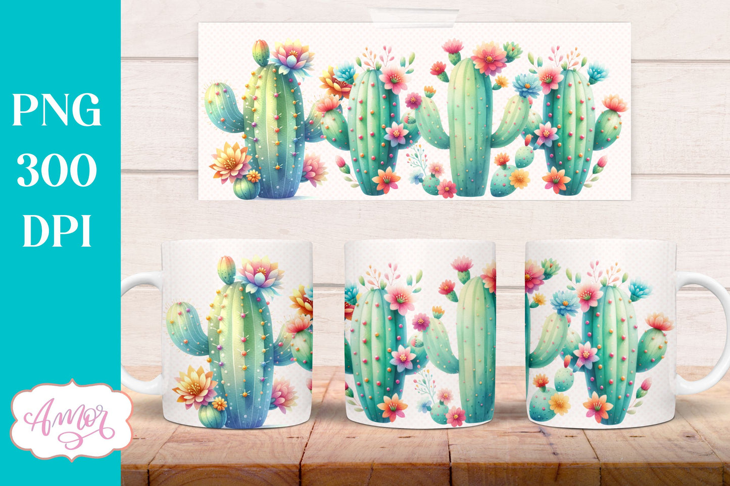 Watercolor Cactus mug wrap PNG for sublimation