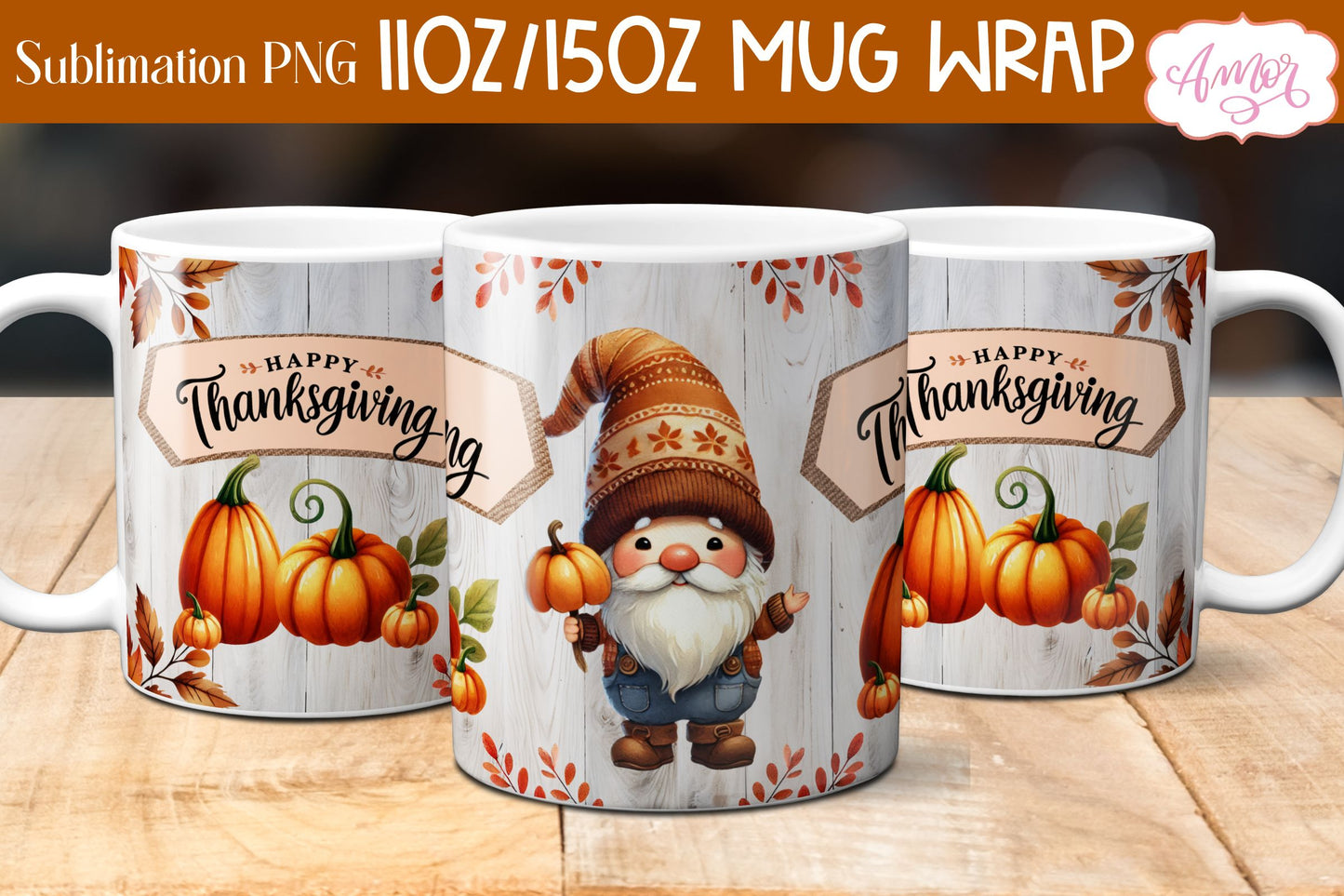 Happy Thanksgiving mug wrap PNG for sublimation | Fall gnome