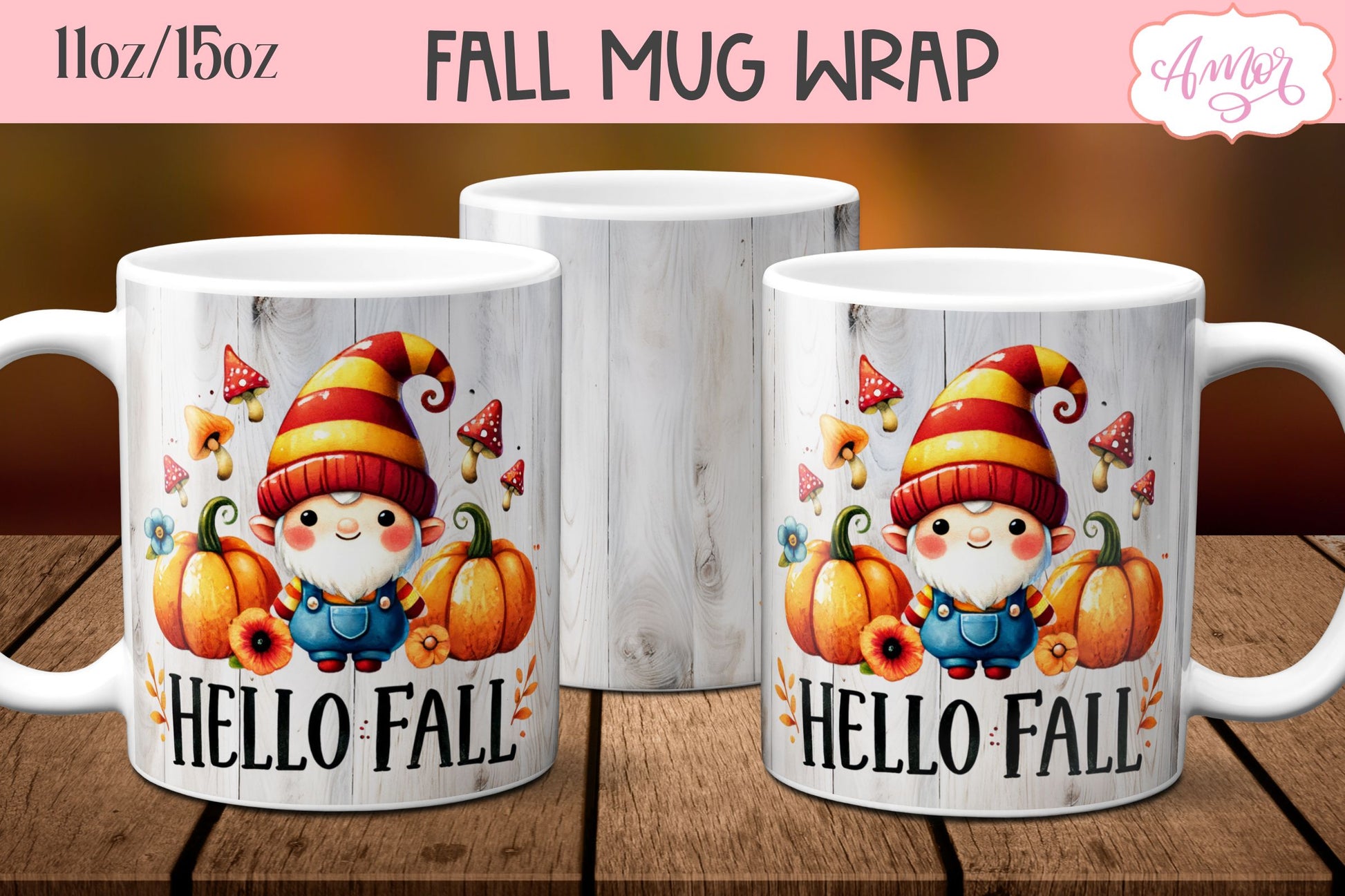 Hello Fall mug wrap sublimation PNG | Cute fall gnome mug