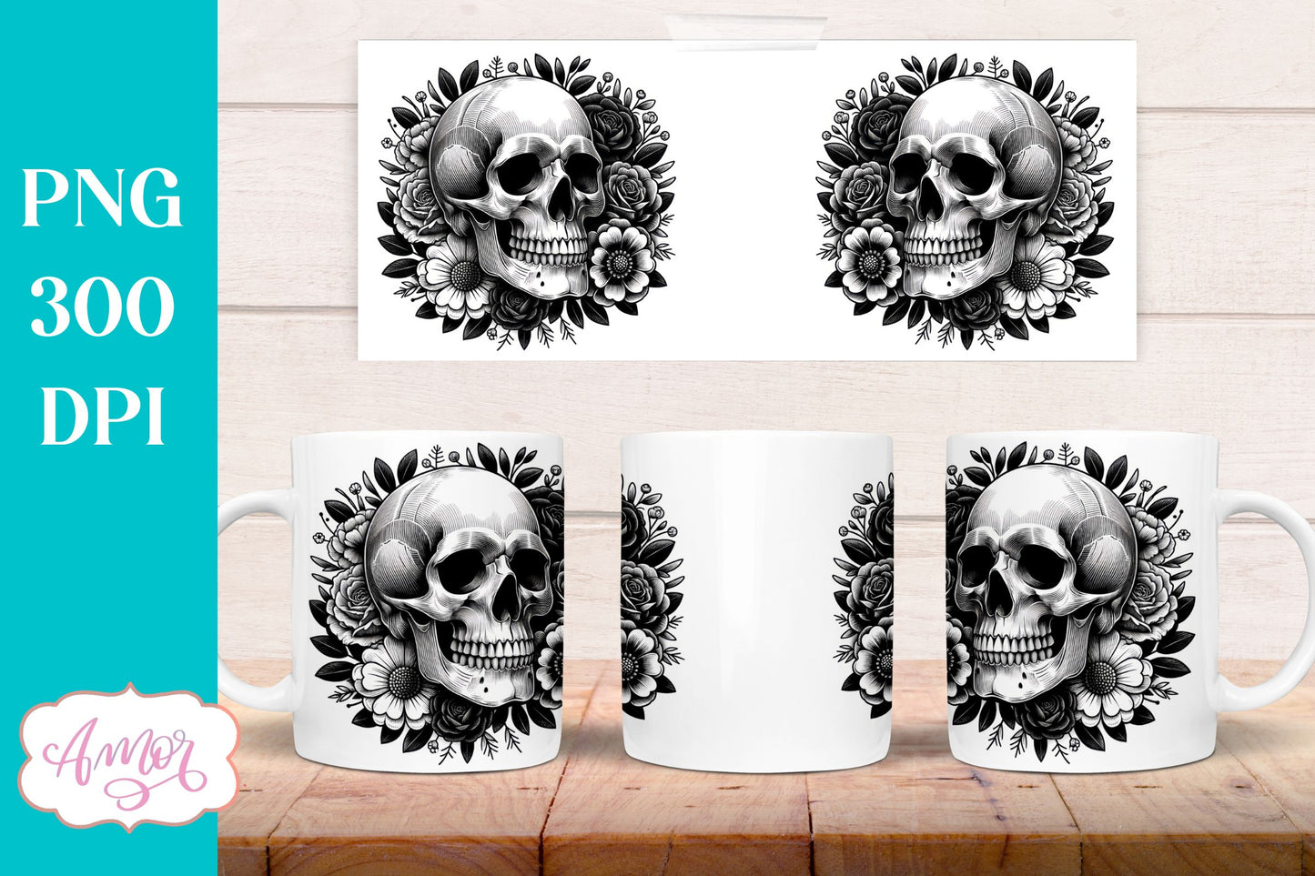 Floral skull mug wrap PNG for sublimation design 11oz 15oz