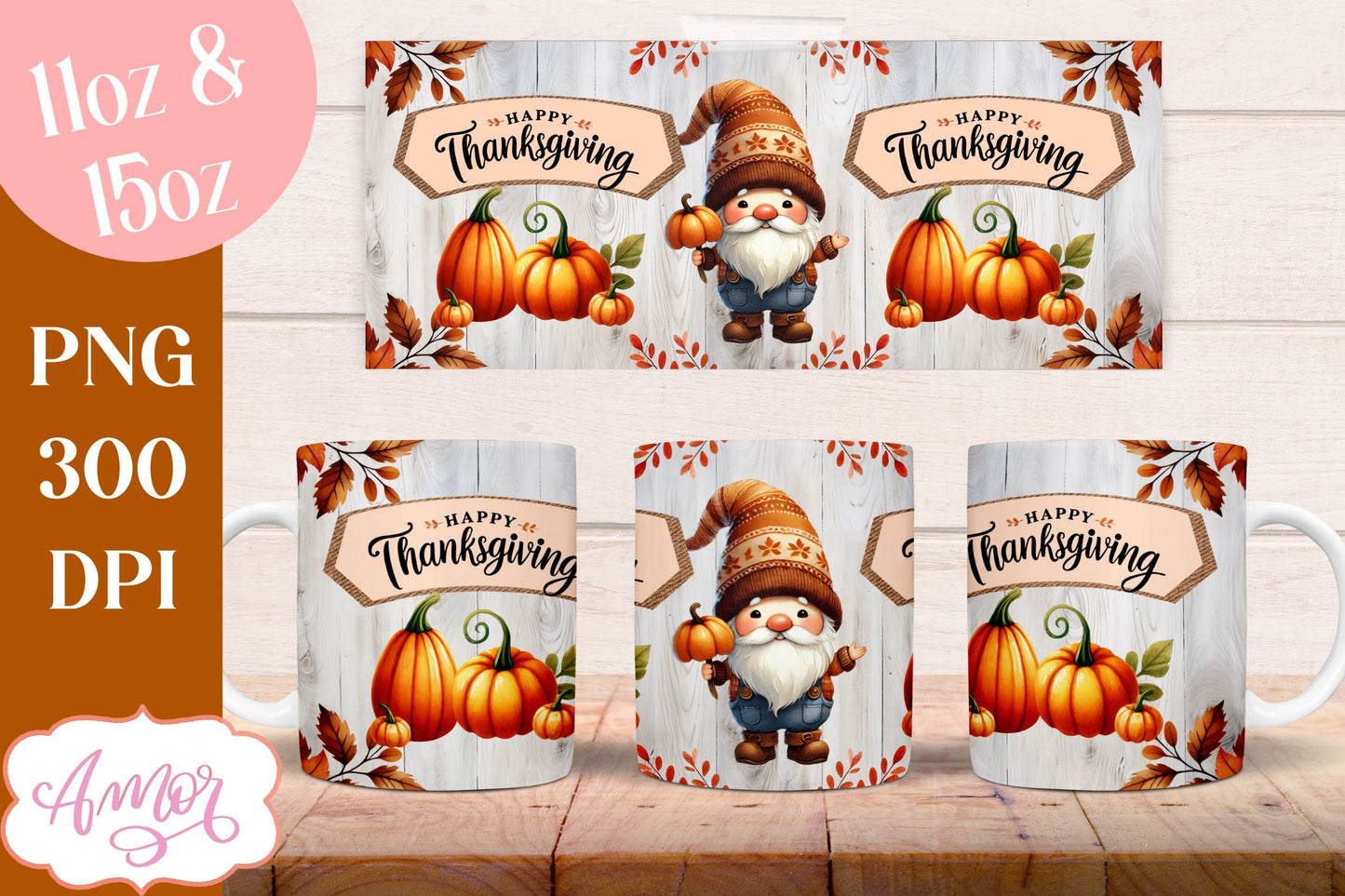 Happy Thanksgiving mug wrap PNG for sublimation | Fall gnome