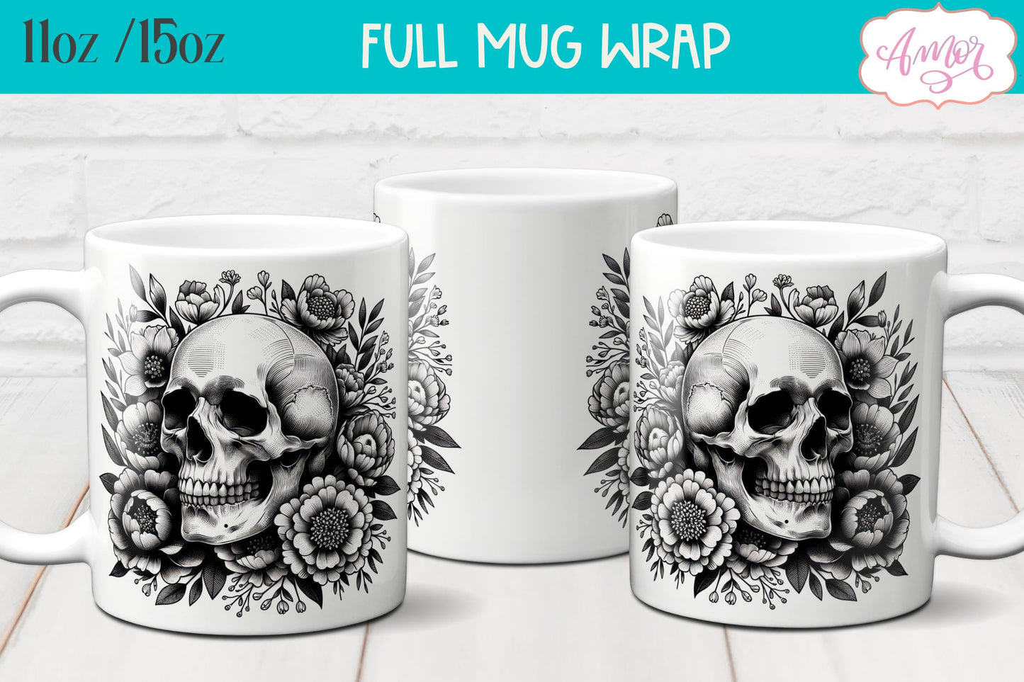 Floral skull mug wrap PNG for sublimation design 11oz 15oz