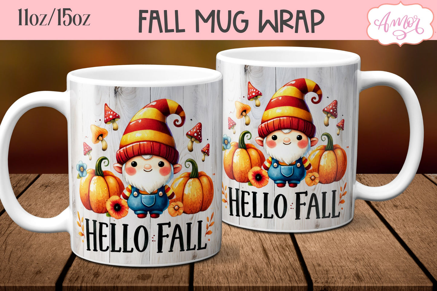 Hello Fall mug wrap sublimation PNG | Cute fall gnome mug