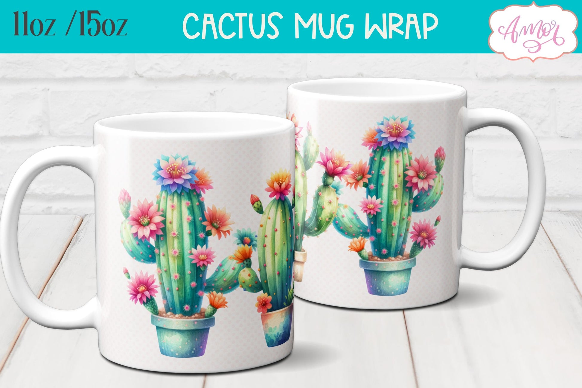 Watercolor Cactus mug wrap PNG for sublimation