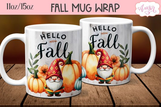 Hello Fall mug wrap sublimation PNG | Cute fall gnome mug