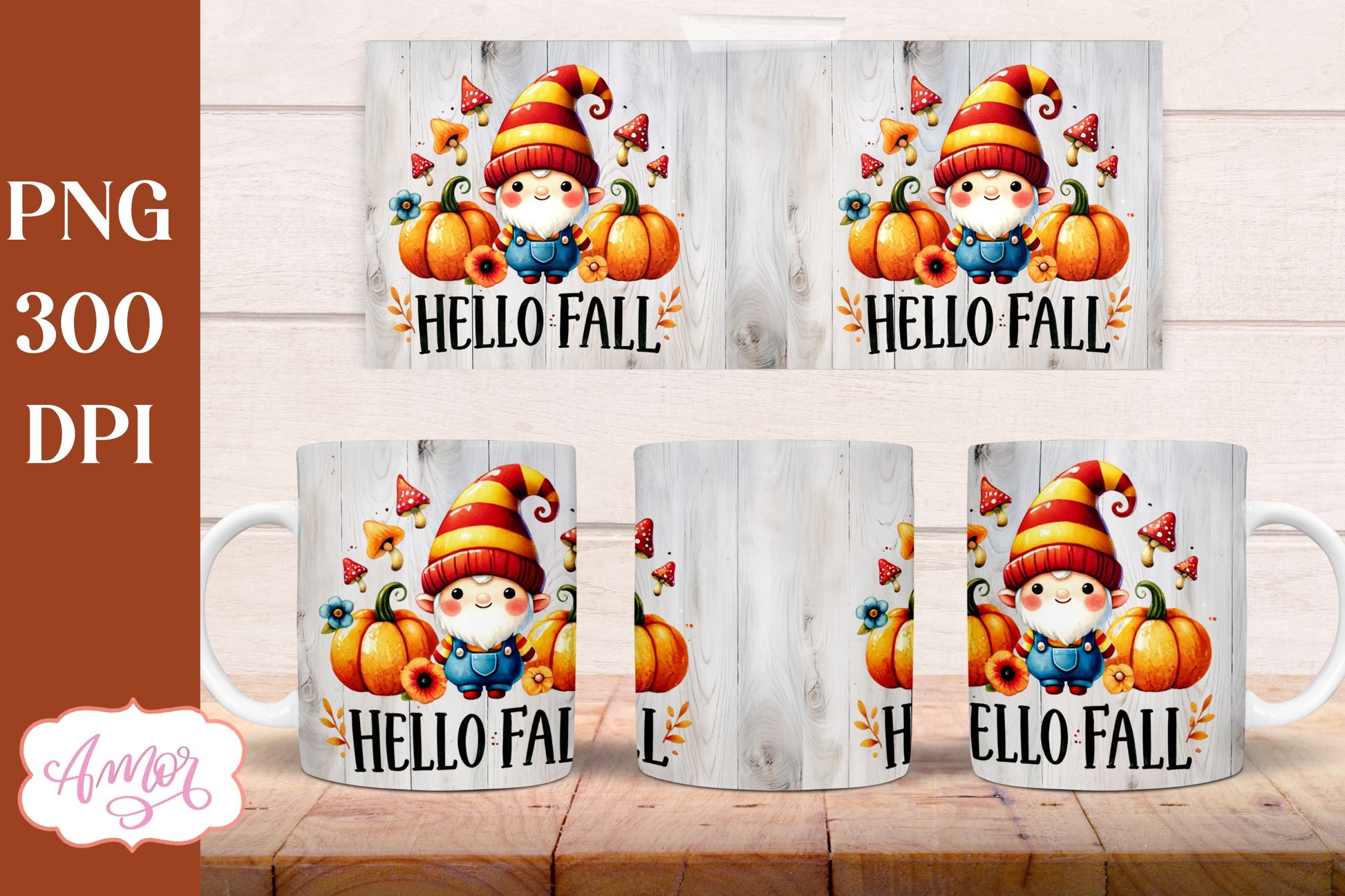 Hello Fall mug wrap sublimation PNG | Cute fall gnome mug