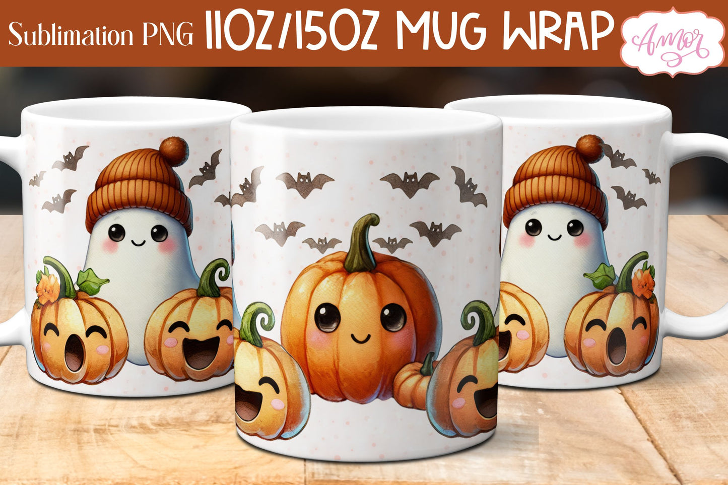 Cute fall mug wrap PNG for sublimation | Halloween ghost mug