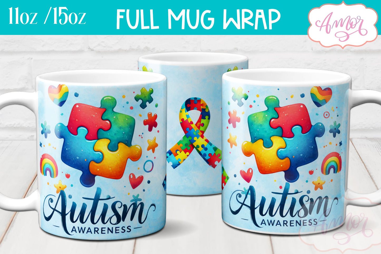 Autism awareness mug wrap sublimation PNG 11oz 15oz