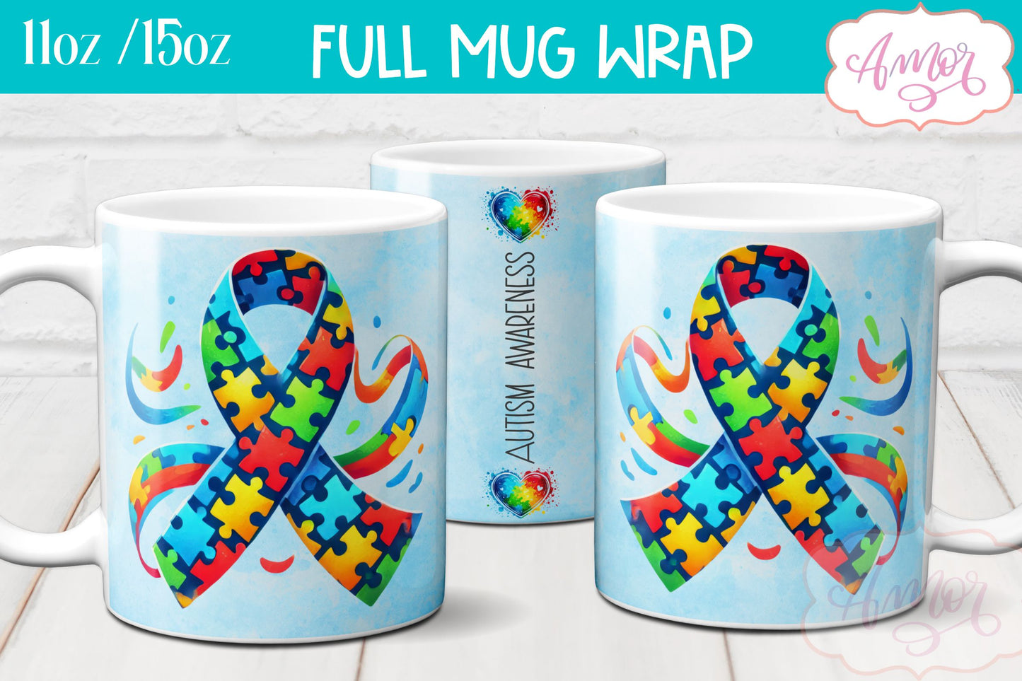 Autism awareness mug wrap sublimation PNG 11oz 15oz