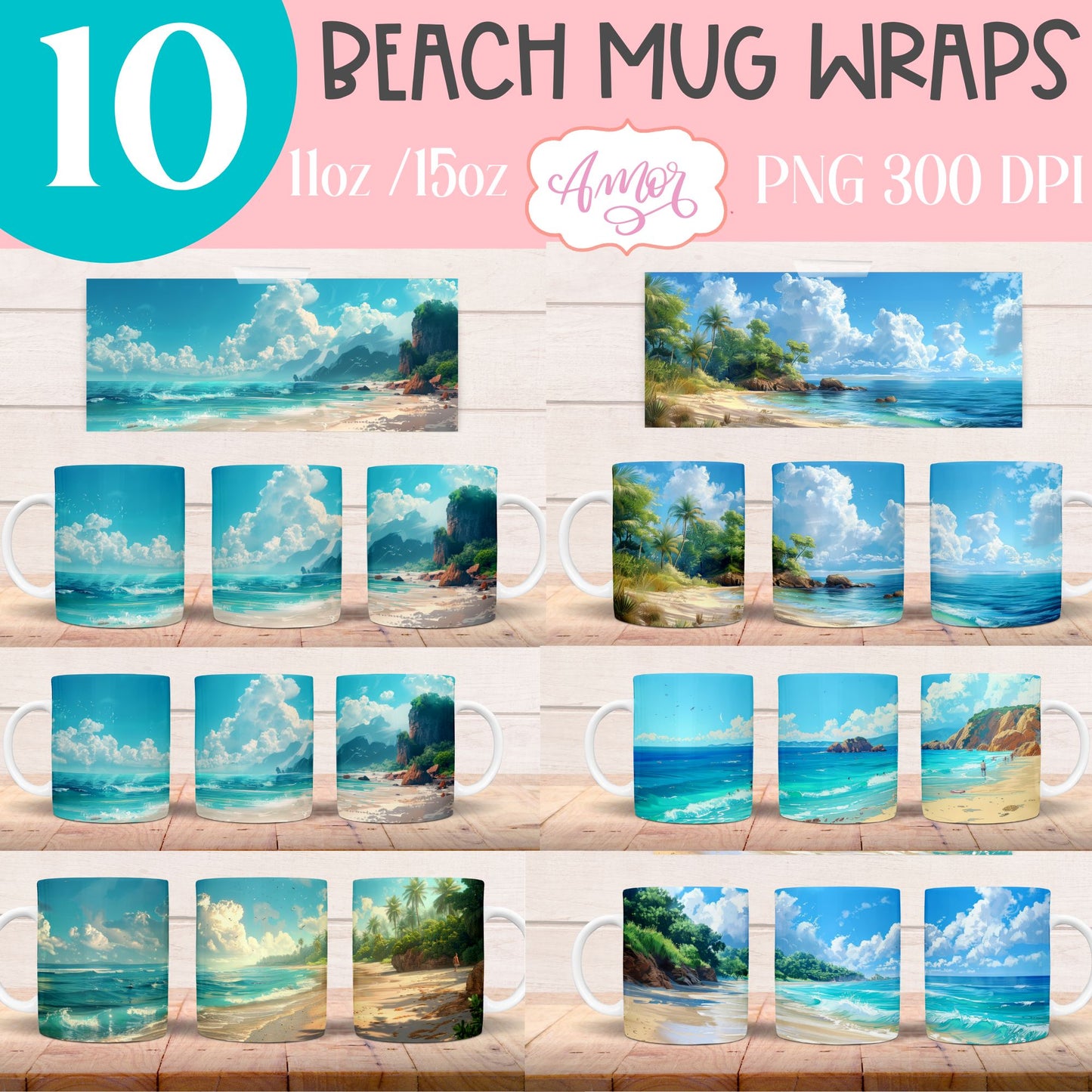 BUNDLE Beach Mug Wrap for Sublimation | Summer mug wrap