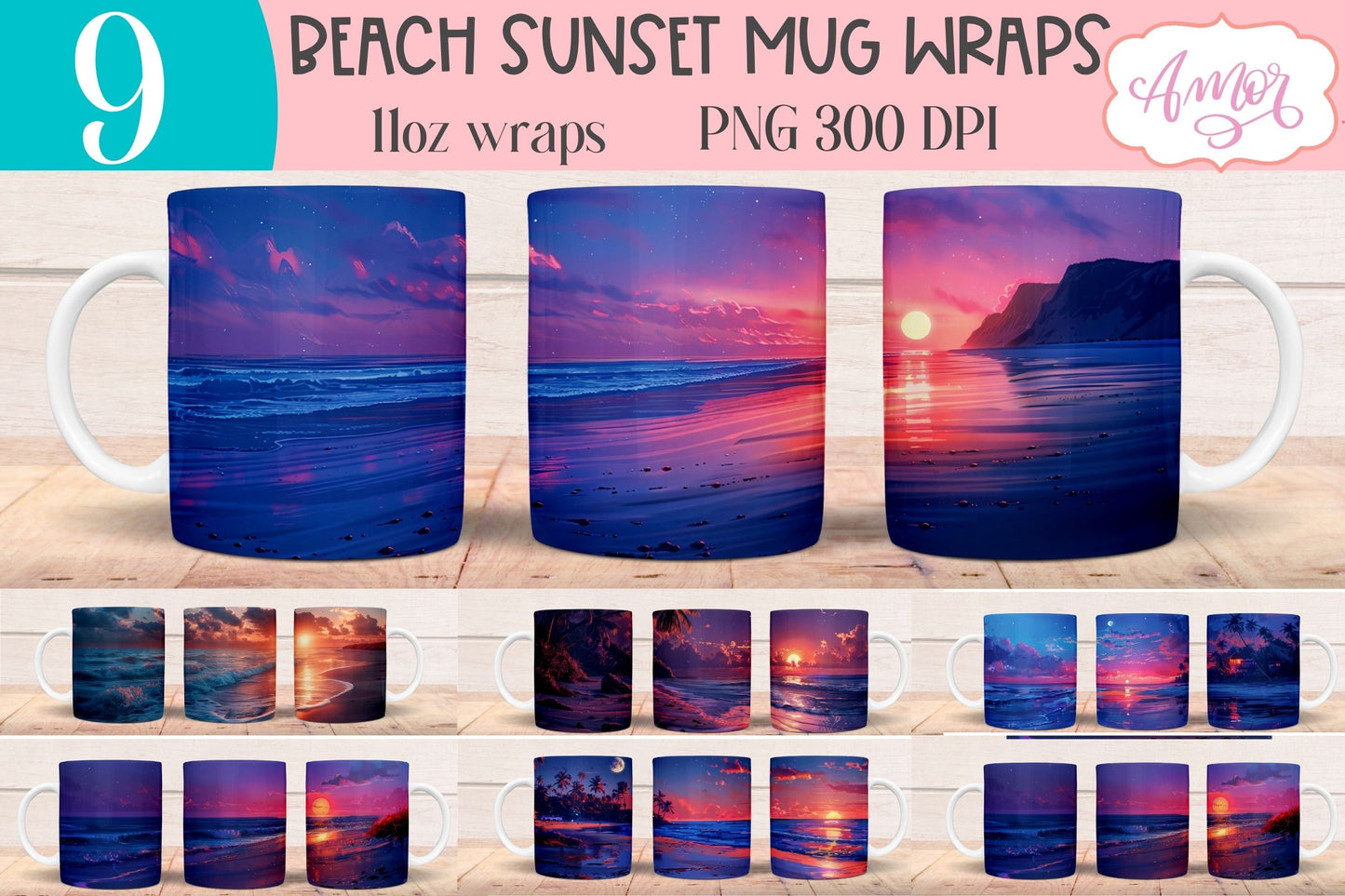 BUNDLE Beach sunset Mug Wrap for Sublimation | Nightfall at sea mug wrap