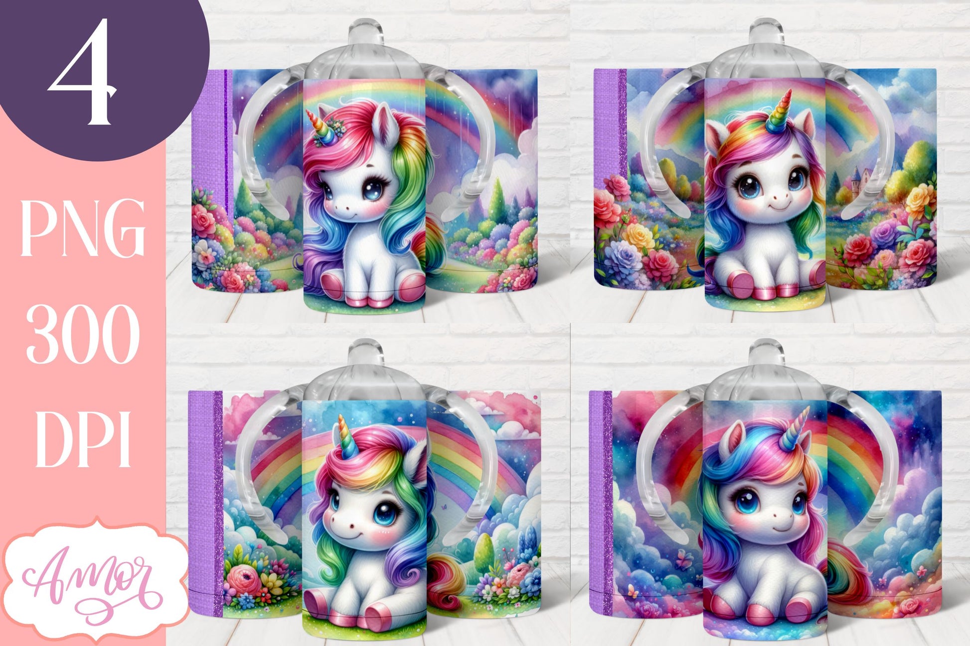 BUNDLE Cute unicorn sippy cup PNG | Kids 12oz tumbler wrap