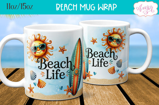 Beach Life Mug Wrap for Sublimation | Summer mug wrap PNG