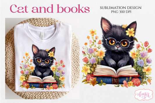 Black cat and books PNG for sublimation