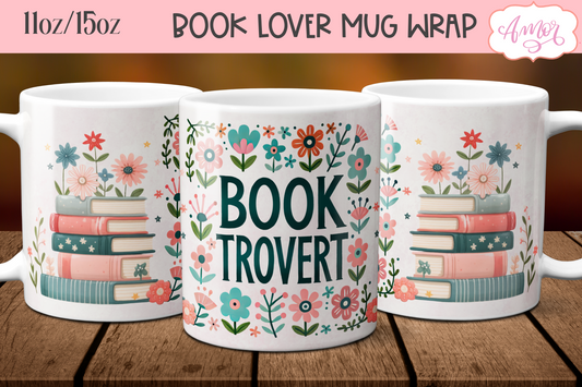 Booktrovert mug wrap sublimation PNG | Book lover mug 11oz