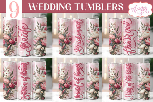 Bundle Pink Peony Wedding Tumbler Wraps PNG for Sublimation