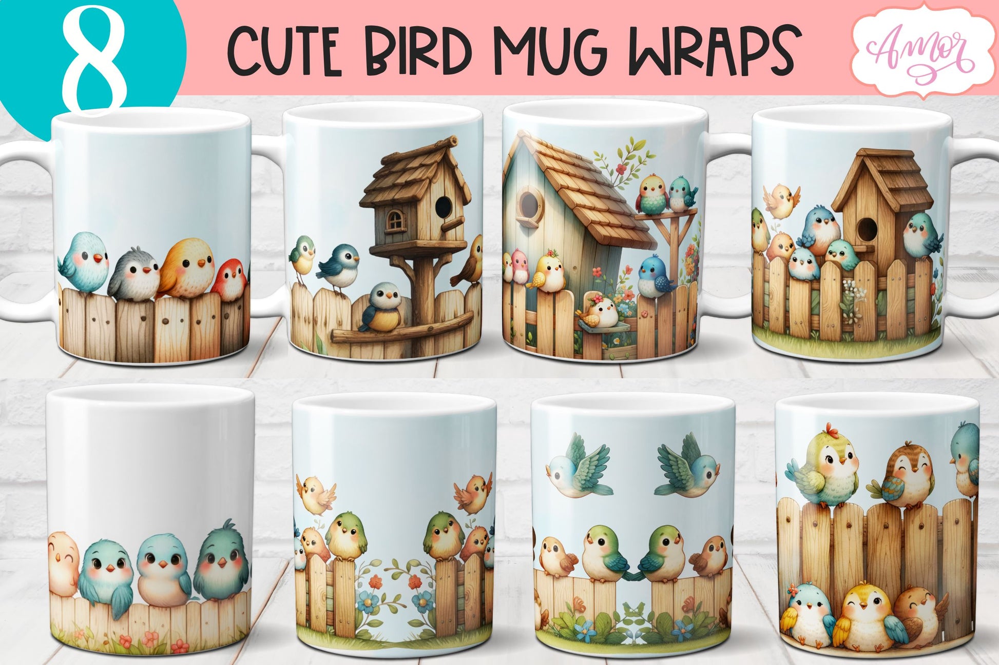 Bundle of 8 Cute watercolor birds mug wraps for sublimation