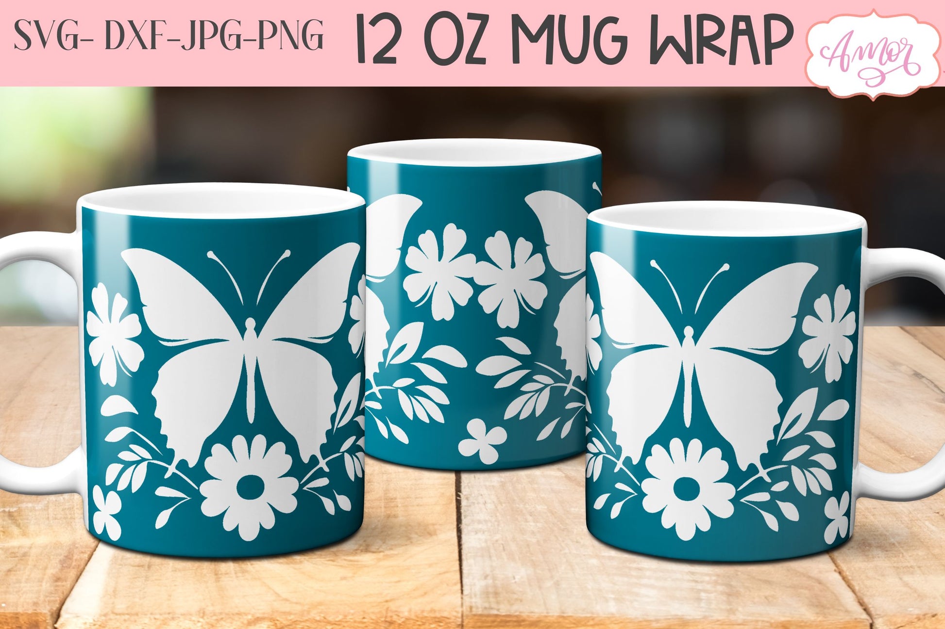 Butterfly and flowers mug wrap SVG for infusible ink