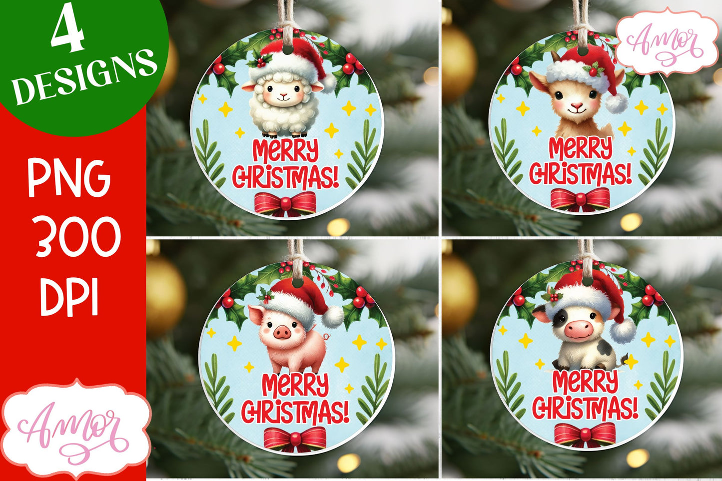 Cute Christmas farm animals ornament PNG sublimation