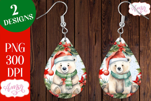 Christmas teardrop earring sublimation design with Polar bears