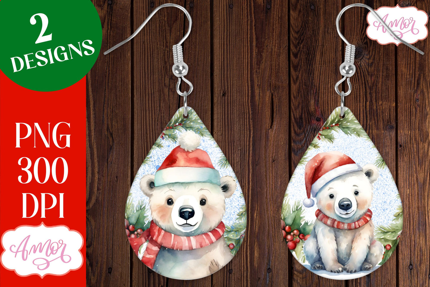 Christmas teardrop earring sublimation design with Polar bears