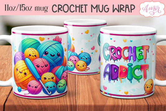 Crochet addict mug wrap PNG for sublimation | Cute yarn balls