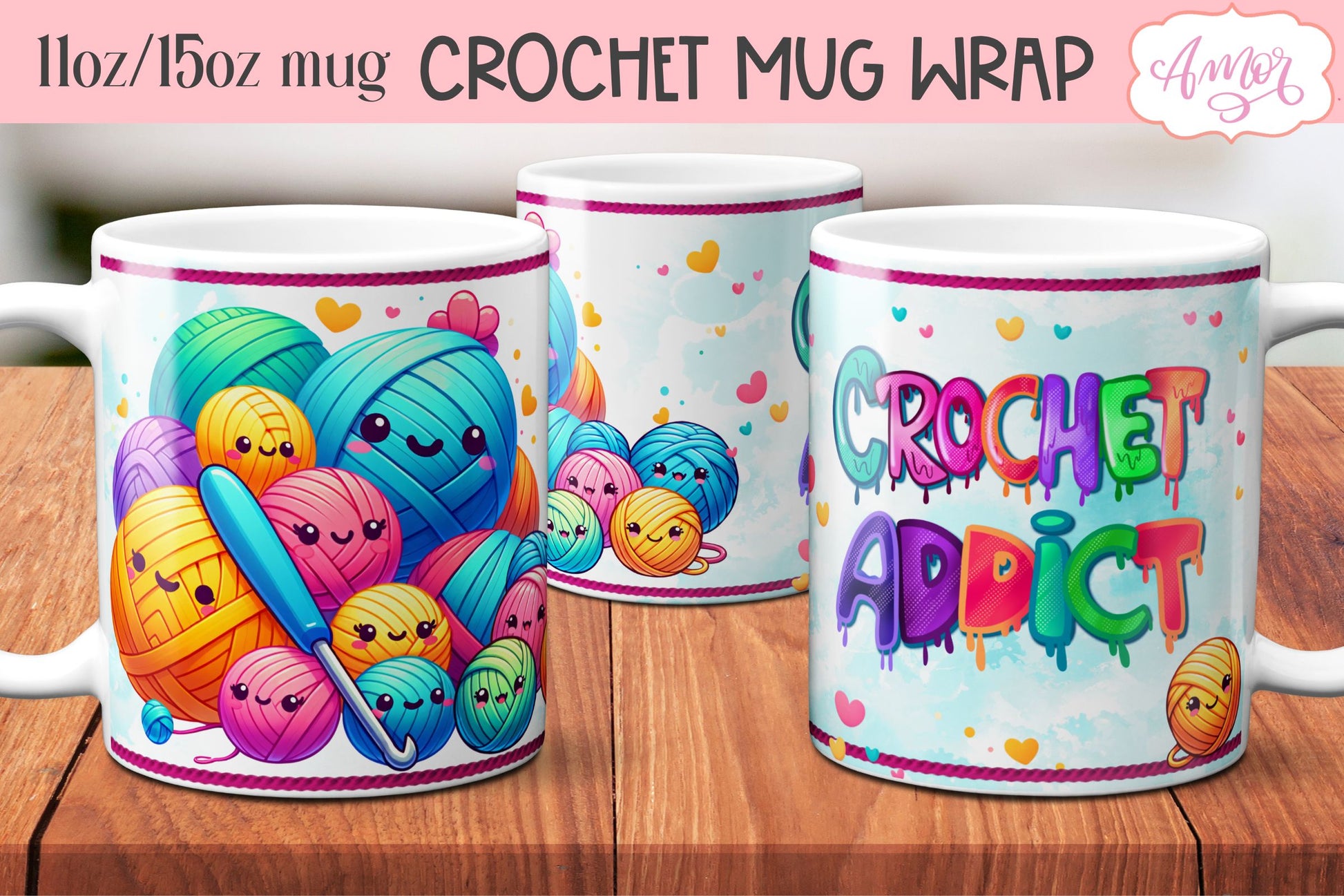 Crochet addict mug wrap PNG for sublimation | Cute yarn balls